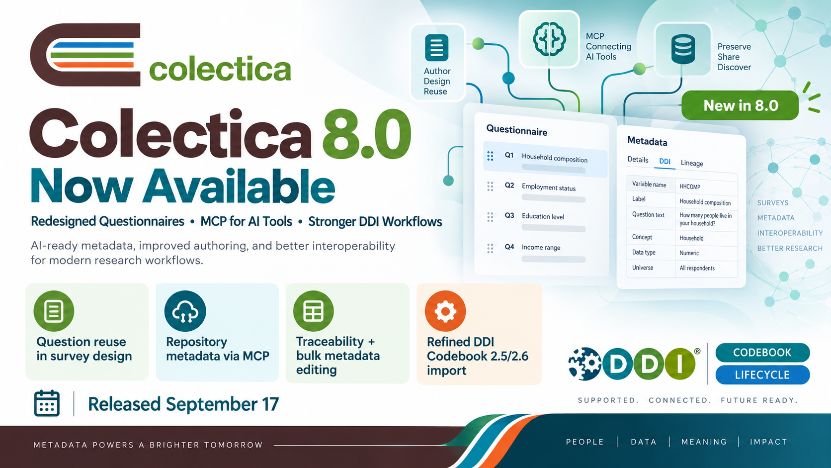 Colectica 8.0 now available: redesigned Questionnaires, MCP for AI tools, question reuse, metadata traceability, and refined DDI Codebook imports.